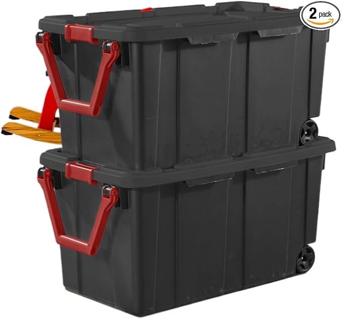 Set of 2 Black 40 Gallon Industrial Tote Plastic Bins with Wheels - Convenient Storage Solution