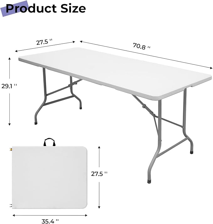 Byliable Folding Table 6ft Portable Heavy Duty Plastic Fold-in-Half Utility Foldable Table Plastic Dining Indoor Outdoor for Camping, Picnic and Party, White