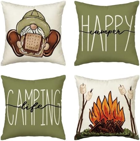 AVOIN colorlife Happy Camper Camping Life Throw Pillow Covers 18x18 Set of 4, Gnome S'More Campfire Decoration for Sofa Couch
