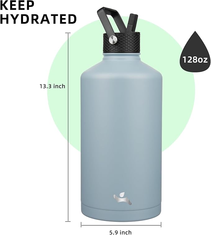 Konokyo Gallon Insulated Water Bottle with Straw,128 oz 3 Lids Water Jug with Carrying Bag,Paracord Handle, Double Wall Vacuum Stainless Steel Metal Flask,Storm Blue
