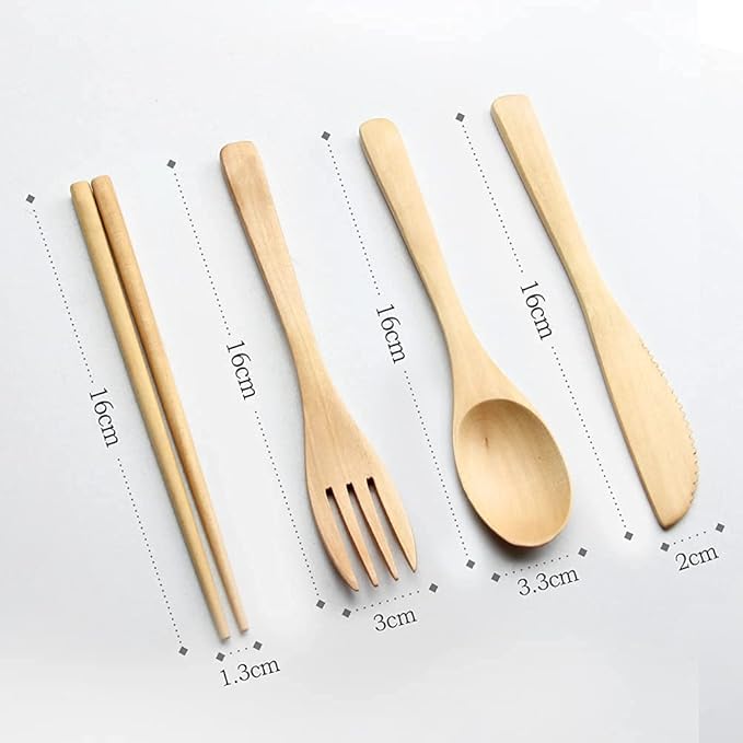 Wooden Cutlery Set Portable, Wooden Flatware,4 Piece Pack of Wooden Utensils Sets with Reusable Wood Spoon Chopsticks Fork Knife Cutlery Set for Travel and Camping