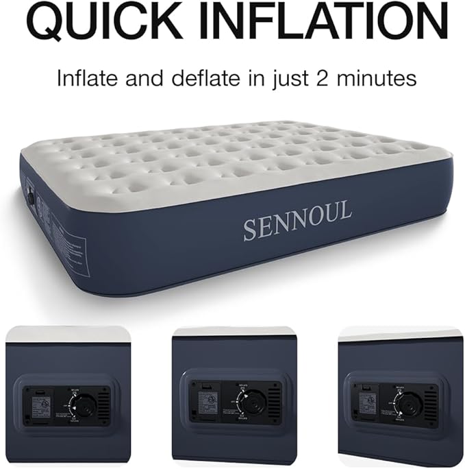 SENNOUL Air Mattress Queen with Built in Pump - Upgraded Blow Up Bed, 2 Mins Quick Self Inflatable, 13"/650lbs Max, Strong Support, All Night No Lost Air, for Camping,Home,Guests & Portable Travel