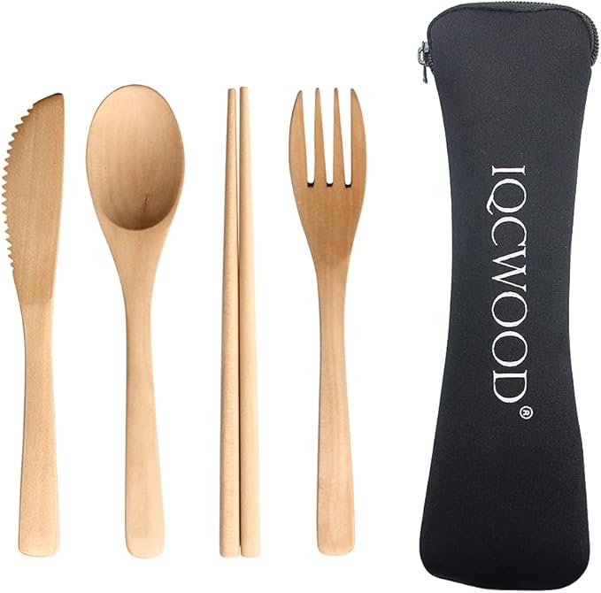 Wooden Cutlery Set Portable, Wooden Flatware,4 Piece Pack of Wooden Utensils Sets with Reusable Wood Spoon Chopsticks Fork Knife Cutlery Set for Travel and Camping