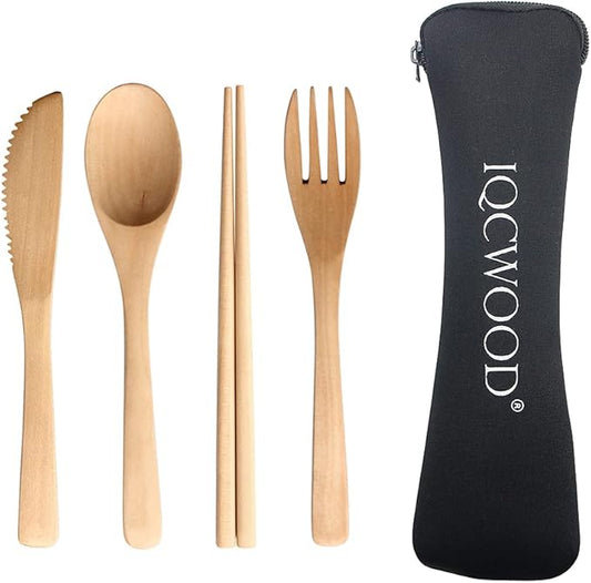 Wooden Cutlery Set Portable, Wooden Flatware,4 Piece Pack of Wooden Utensils Sets with Reusable Wood Spoon Chopsticks Fork Knife Cutlery Set for Travel and Camping