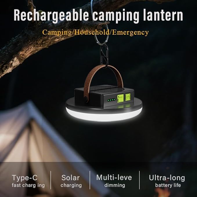 Camping Light Rechargeable, 4500LM 45W Tent Light with Hook, Solar & USB Fast Charging, Long Battery Life, 4 Light Modes, Hanging Portable Lamp for Power Outages, Camping Gear, Emergency, Outdoor