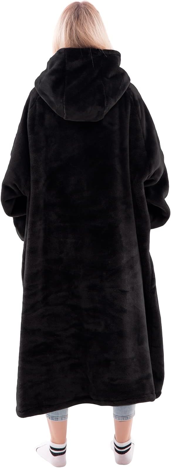 Waitu Wearable Blanket Sweatshirt Gifts for Women and Men, Warm and Cozy Giant Blanket Hoodie, Thick Flannel Blanket with Sleeves and Giant Pocket - Black