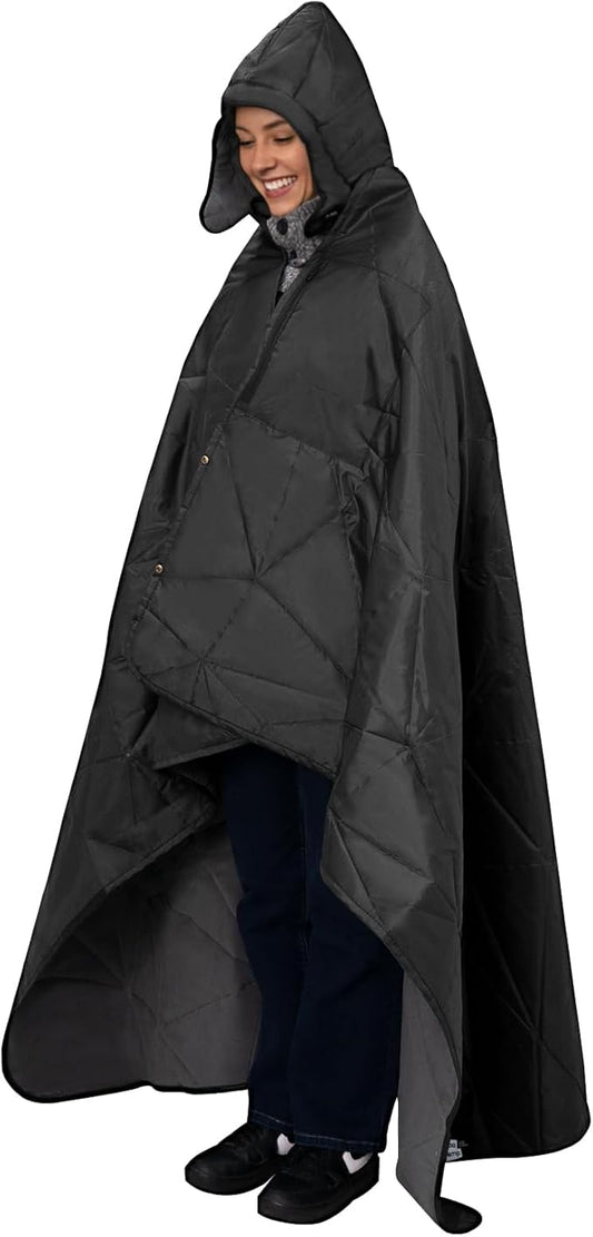 Large Outdoor Waterproof Blanket Extra Thick Fleece Stadium Blanket for Camping, Car, Pet, Picnics - Windproof, Wearable, Machine Washable 80" x 58" (Black Gray,Hooded)