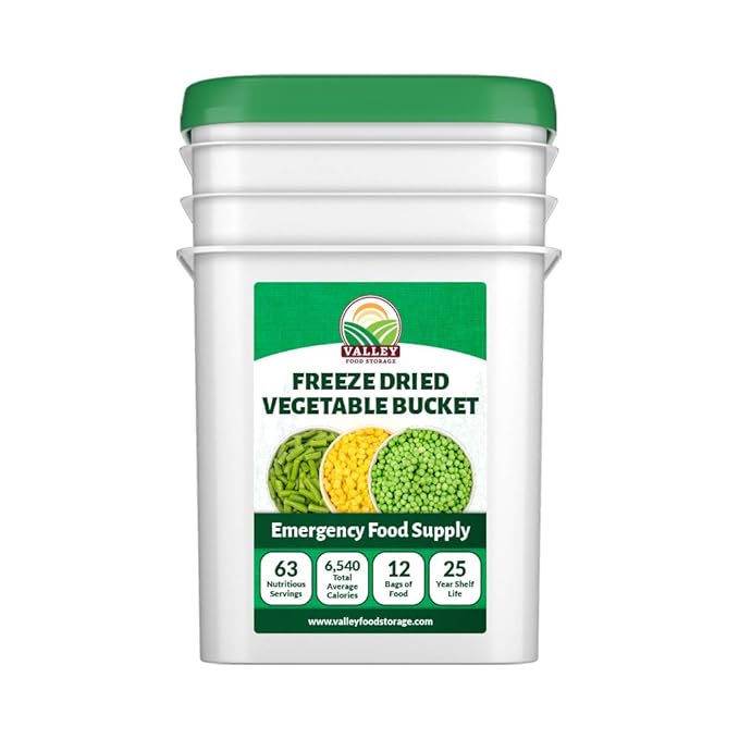 Valley Food Storage Freeze Dried Vegetable Bucket | 12 Pouches, Mixed Vegetables | Premium Emergency Food Supply, 25 Year Shelf Life | Survival Food for Camping, Prepper Storage & Off-Grid Living