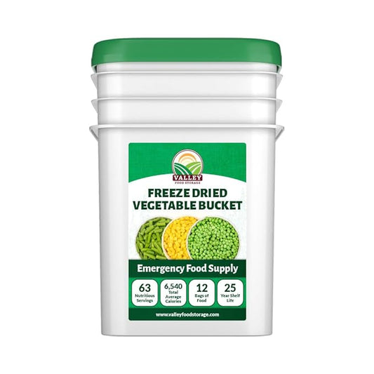 Valley Food Storage Freeze Dried Vegetable Bucket | 12 Pouches, Mixed Vegetables | Premium Emergency Food Supply, 25 Year Shelf Life | Survival Food for Camping, Prepper Storage & Off-Grid Living