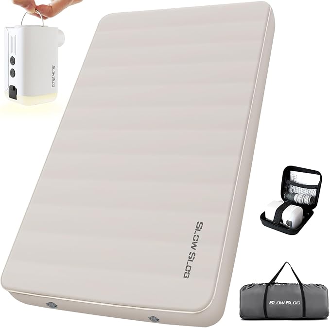 Self-Inflating Sleeping Pad with Portable Electric Air Pump, 4in Double Foam Camping Mattress 2 Person for Tent Cot & Car Travel, Fast Inflate & Deflate Camping Pad, Cream
