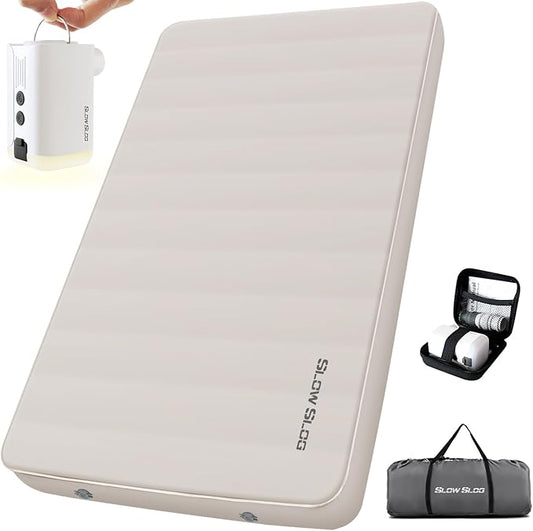Self-Inflating Sleeping Pad with Portable Electric Air Pump, 4in Double Foam Camping Mattress 2 Person for Tent Cot & Car Travel, Fast Inflate & Deflate Camping Pad, Cream