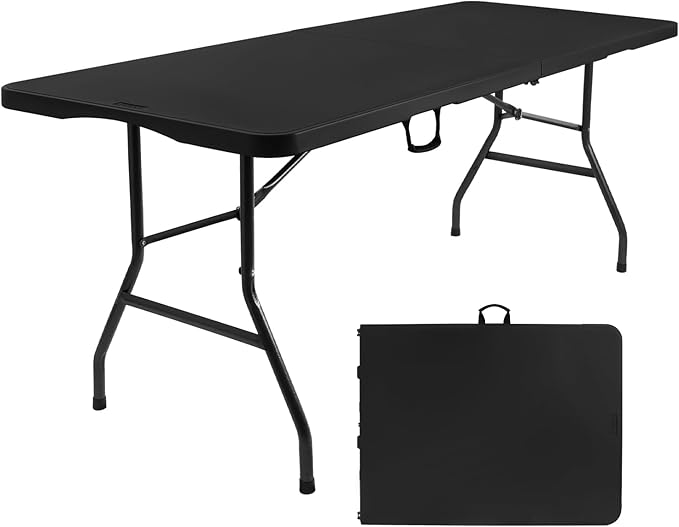 Byliable Folding Table 6ft, Heavy Duty Portable Plastic Fold-in-Half Utility Table with Carrying Handle for Indoor Outdoor, Camping Picnic Party, Black