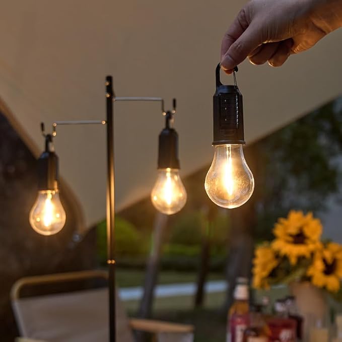4 Pack Solar Camping Lights Hooked Tent Lamp Hanging Outdoor Camp Small Rechargeable Bulb Portable Lantern with Clip Hook 3 Lighting Modes for Hiking Backpacking Warm Light