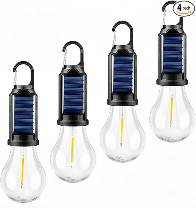 4 Pack Led Camping Lantern Solar Rechargeable,Outdoor Tent Lights for Camping Essentials, Hanging Light Bulbs with Clip Hook Camping Flashlight