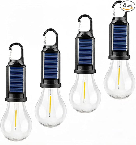 4 Pack Led Camping Lantern Solar Rechargeable,Outdoor Tent Lights for Camping Essentials, Hanging Light Bulbs with Clip Hook Camping Flashlight