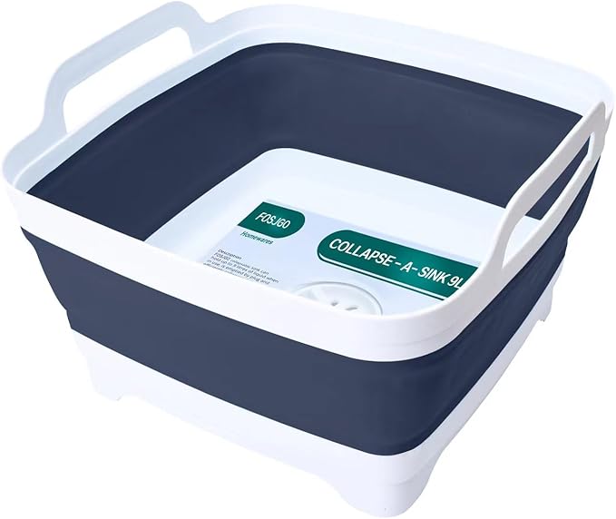 FOSJGO 2.4 Gal(9L) Collapsible Dish Basin with Drain Plug,Space Saving Multiuse Foldable Sink Tub,Dishpan,Kitchen Sink for Camping,Plastic Tub,Vegetable Washing,RV