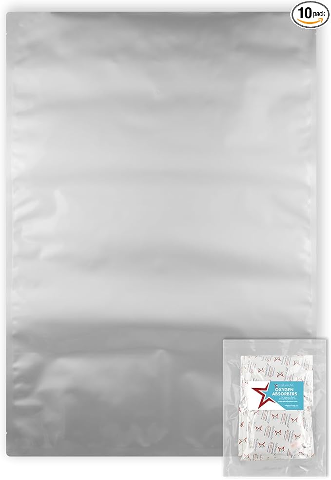 PackFreshUSA: 5-Gallon (20" x 30") AirTight Mylar Bags - 2000cc High-Capacity Single Sealed Oxygen Absorbers - Long Term Food Storage – HD 5.5 Mil (Per Side) - Heat Sealable - Food Grade - Pack of 10
