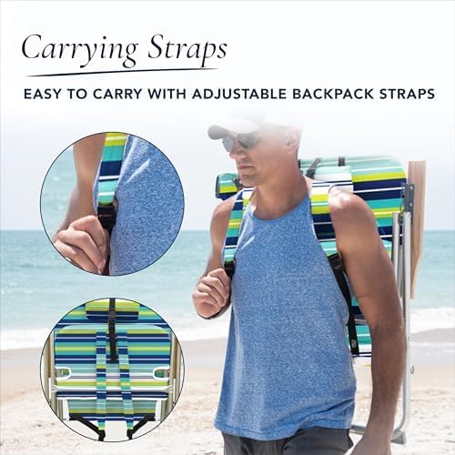 CARIBBEAN JOE Folding Beach Chair, 4 Position Portable Backpack Foldable Camping Chair with Headrest, Cup Holder, and Wooden Armrests