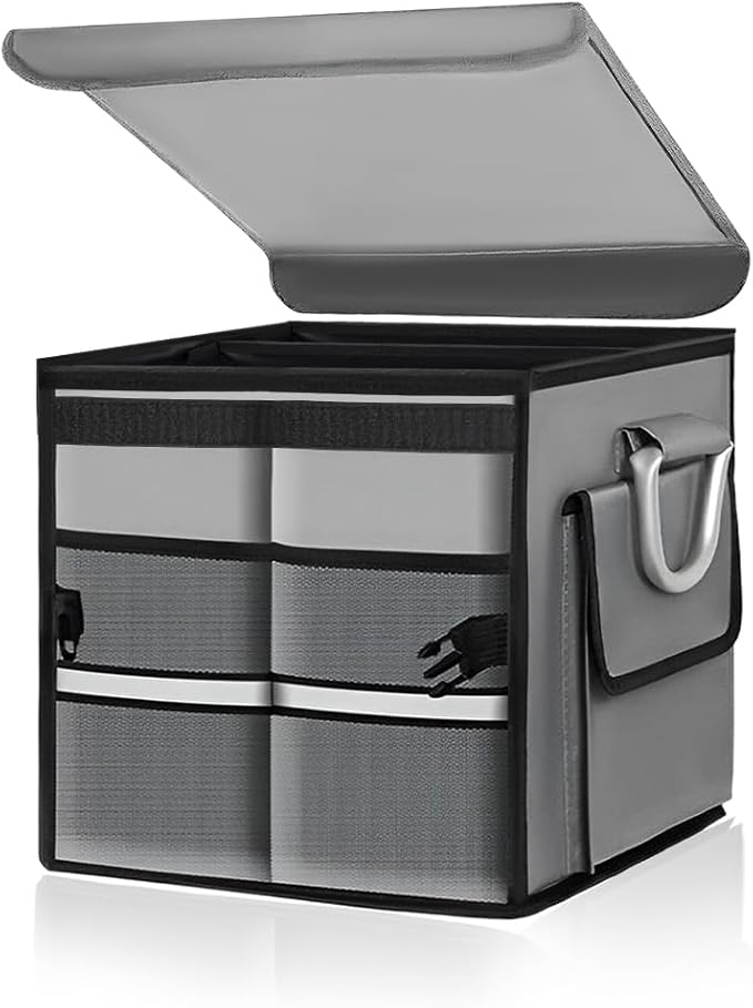 Trunk Organizer with Lid, 28L Collapsible Cargo Organizer with Aluminum Handles & Reflective Strip, Multi-Purpose Waterproof Oxford Storage Box for Cars Trucks SUVs Minivans (Gray)