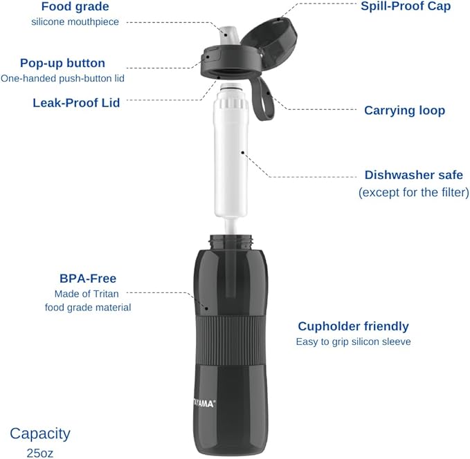 Tayama 25 oz. Black Tritan Alkaline Filtering Water Bottle, BPA-Free