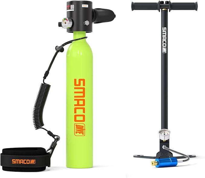 SMACO 0.5L Mini Scuba Tank Portable Diving Tank Reusable Lightweight Diving Cylinde Compact Emergency Pony Bottle for Snorkeling, Freediving, Air Backup Lung Air Tank S300