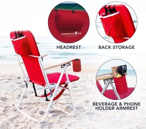 CARIBBEAN JOE Folding Beach Chair, 4 Position Portable Backpack Foldable Camping Chair with Headrest, Cup Holder, and Wooden Armrests