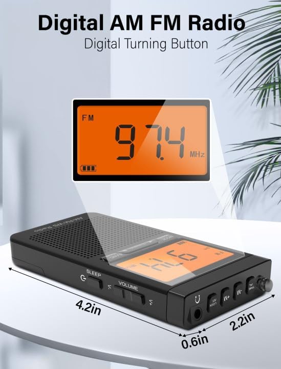 AM FM Portable Radio Personal Radio with Excellent Reception Battery Operated by 2 AAA Batteries with Stero Earphone, Large LCD Screen, Digtail Alarm Clock