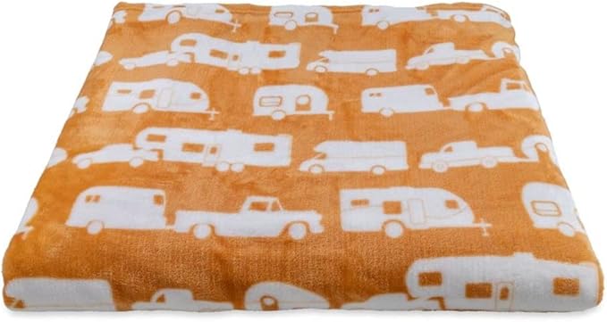 Camco 53441 Life is Better at The Campsite Plush Fleece Blanket, Queen Size - Keeps You Warm While at Home, Camping or on Picnics - Machine Washable - Features a Brand RV Print, Autumn Gold
