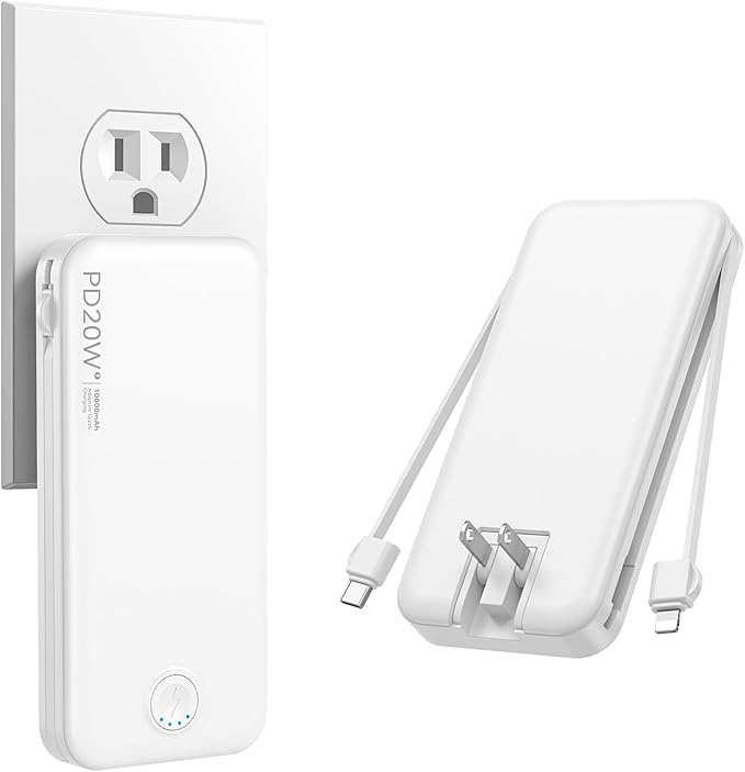 Nusyddy Portable Charger, 10000mAh PD20W Fast Charging Power Bank with Built-in Cables & Wall Plug, Travel Essentials External Battery Pack, USB C Battery Phone Charger for iPhone, iPad, Samsung White