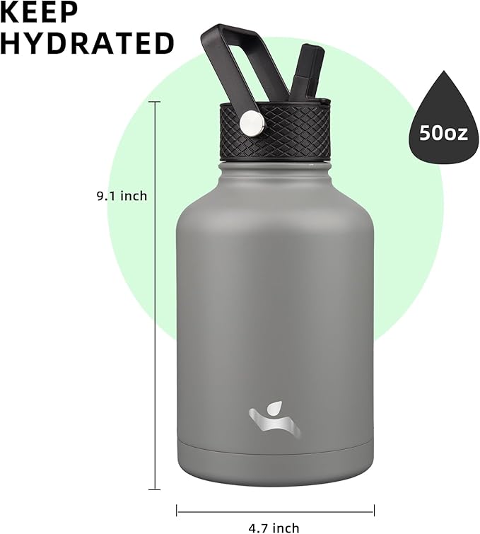Konokyo Insulated Water Bottle with Straw,50 oz 3 Lids Water Jug with Carrying Bag,Paracord Handle,Double Wall Vacuum Stainless Steel Metal Flask,Gray