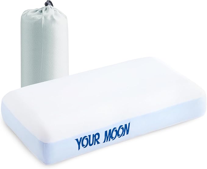 YOUR MOON Memory Foam Travel Size Pillow, Pure Cotton Cover, Small Compressible Camping Pillow for Sleeping, Portable Backpacking Support Pillows for Hiking, Car(White Blue)