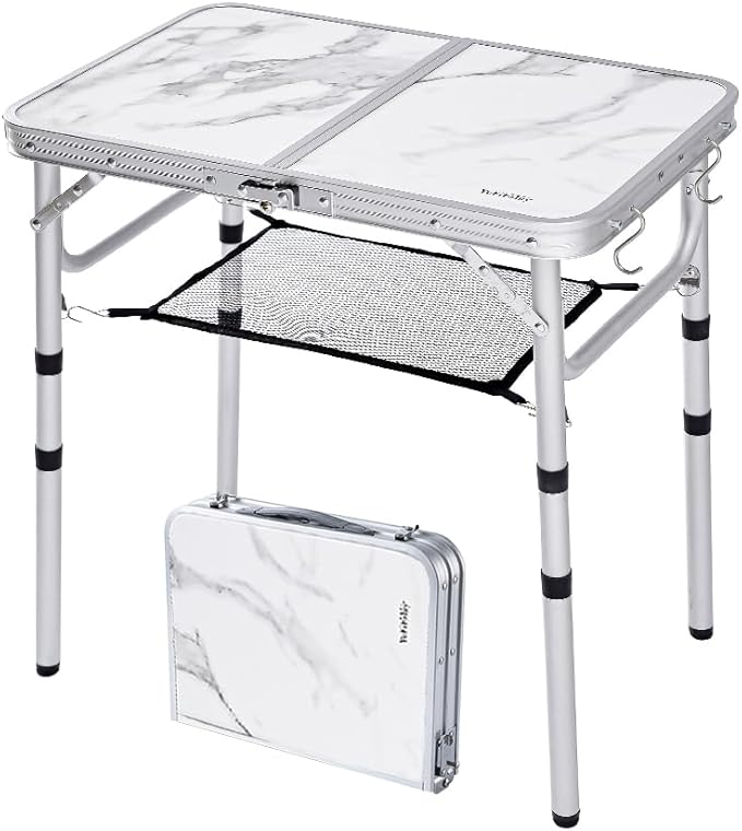 YUFIFAIRY Small Folding Camping Table, 2ft Portable Table with 3 Adjustable Heights, Aluminum Lightweight Foldable Picnic Table with Mesh Layer and Extension Legs for RV, BBQ and Indoor