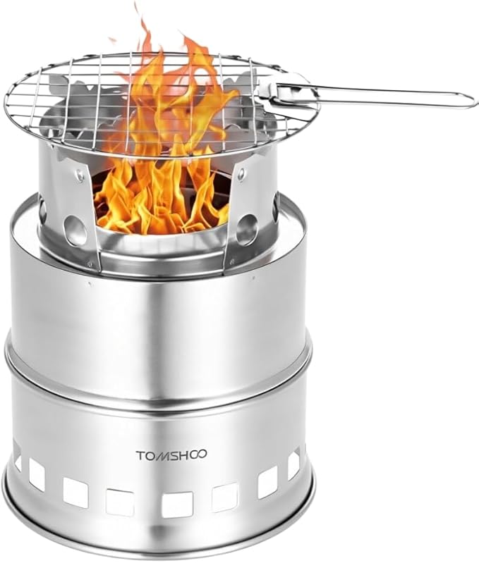 TOMSHOO Portable Folding Windproof Wood Burning Stove Compact Stainless Steel Alcohol Stove Outdoor Camping Hiking Backpacking Picnic BBQ