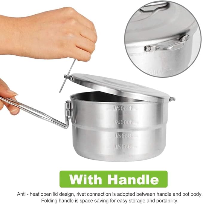 Stainless Steel Camping Cook Pot, 1.5L Camping Cookware with Lid and Folding Handle, Large Capacity Bento Pot for Outdoor Backpacking Campings Hiking Picnic