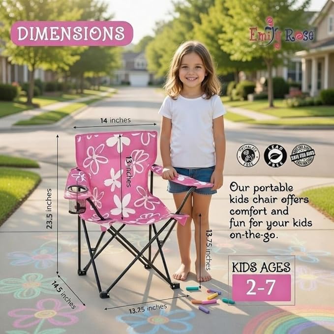Emily Rose Kids Pink Folding Beach Camp Chair with Cup Holder Safety Lock & Carry Case - Toddler Girls Chair Ages 2-7 Indoor Outdoor Lightweight Portable - Floral Design 125lb Capacity