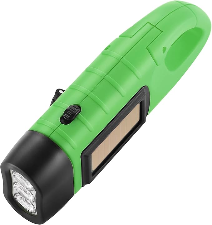 Simpeak 2-Pack Hand Crank Solar Powered LED Flashlight, Emergency Survival Flashlight with Dynamo Carbiner, Light Green