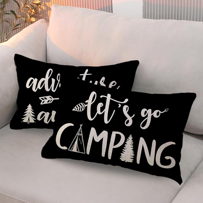 Adventure Camper Decorative Lumbar Pillowcase Double-sided Let’s Go Camping/Adventure Awaits Throw Pillow Covers Cabin/Camper Cushion Covers 12x20,2Pack for Sofa/Couch/Porch (Black)