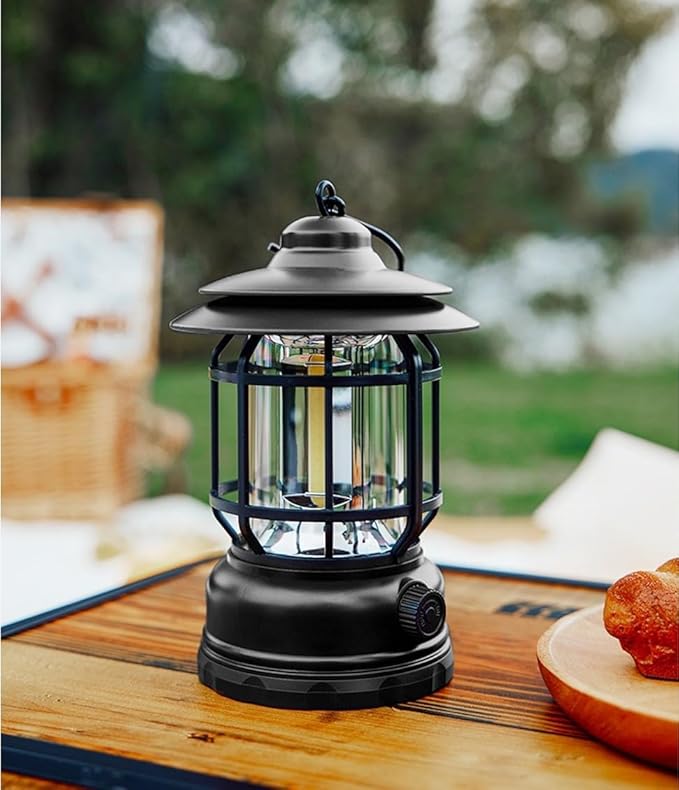 Rechargeable Camping Lantern, Frame Decorative Table Lamp, 3 Modes LED Lights with Hooks, Dimmable, Vintage Style, Portable Waterproof Camping Light for Indoor/Outdoor Use