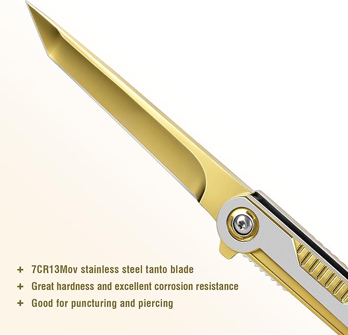 FUNBRO Cool Pocket Knife Gifts for Men, EDC Tanto Blade Folding Knives with Clip, Flipper Open Survival Knife with Window Breaker and Liner Lock for Outdoor Camping (Gold)