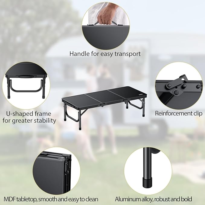 Anbte 3ft Low Folding Picnic Table, 10.3" Height Thicker Aluminum Small Camping Table with Storage Bag, Portable Handle, Lightweight, for Camping Beach Party Picnic Floor, 34.2" x 15.7", Black