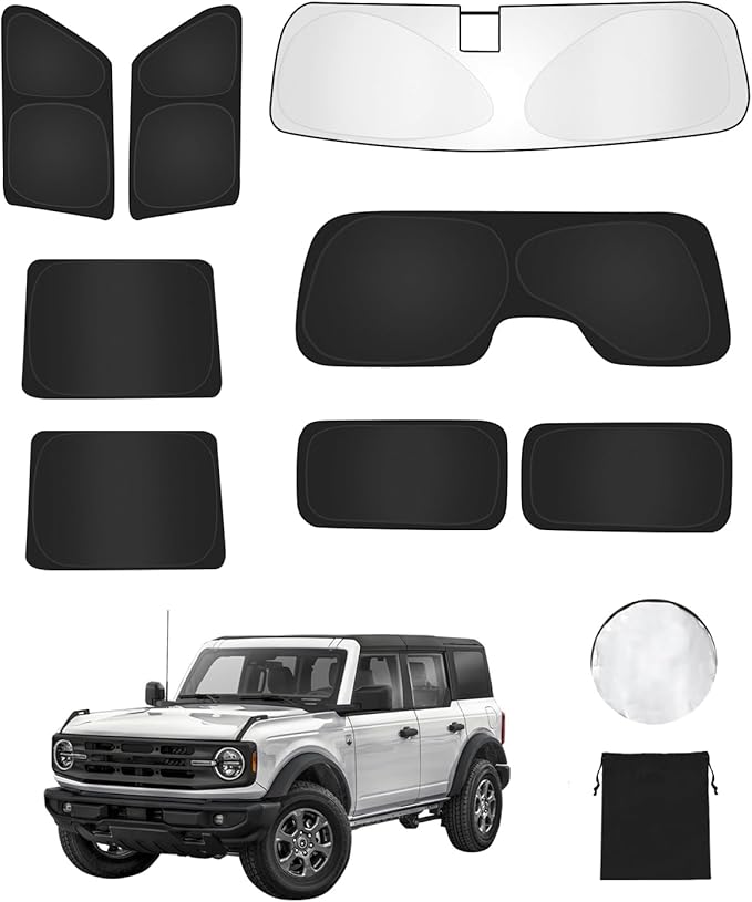 8PCS Window Shade for Ford Bronco 2021-2024 2025 4 Door Accessories- Full Coverage Front Rear Side Triangular Windshield Sun Shade Cover Sun Visor Kit-UV Ray & Privacy Protection for Camping