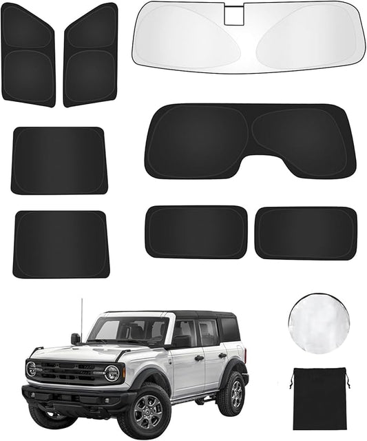 8PCS Window Shade for Ford Bronco 2021-2024 2025 4 Door Accessories- Full Coverage Front Rear Side Triangular Windshield Sun Shade Cover Sun Visor Kit-UV Ray & Privacy Protection for Camping