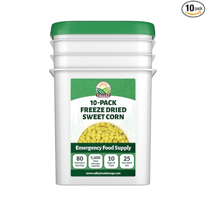 Valley Food Storage Freeze Dried Sweet Corn | 10-Bag Bucket, 56 oz | Premium Emergency Food Supply, 25 Year Shelf Life | Long Term Food Storage, Camping Meals & Prepper Supplies | Packaged in USA