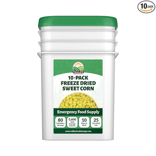 Valley Food Storage Freeze Dried Sweet Corn | 10-Bag Bucket, 56 oz | Premium Emergency Food Supply, 25 Year Shelf Life | Long Term Food Storage, Camping Meals & Prepper Supplies | Packaged in USA