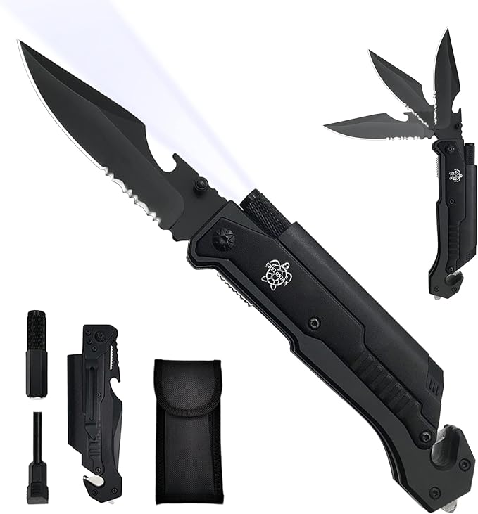 8.5" Military Outdoor EDC Camping Pocket Knife, 7 in 1 Multi-Function Folding Knives with Fire Starter LED Light Seatbelt Cutter Glass Breaker Bottle Opener Tactical Blade (Black)