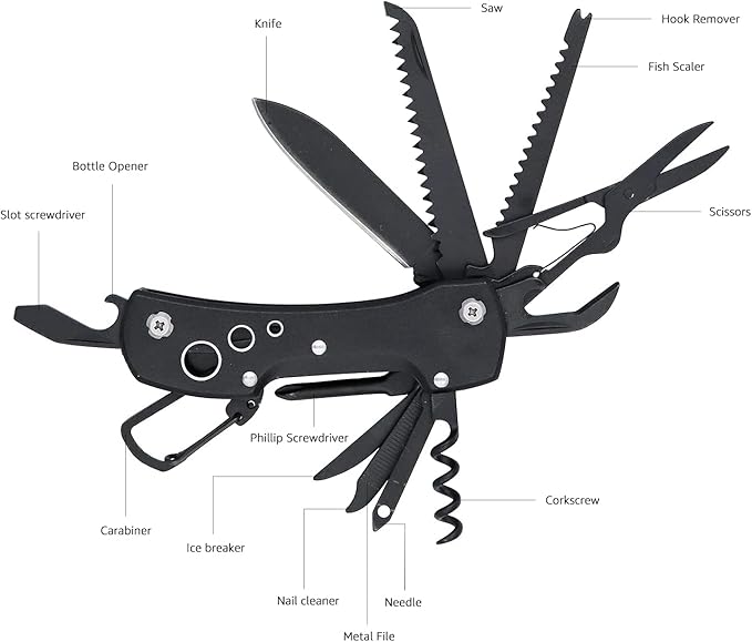 Amazon Basics 15-in-1 Stainless Steel Multitool Pocket Knife with Sheath for Hiking, Camping, Survival, Black, Pocket Size
