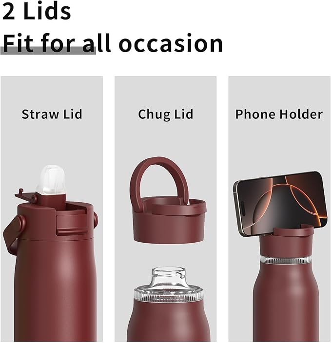 LISI 24oz Insulated Water Bottle, Double Wall Stainless Steel Water Bottles with Straw, 100% Leak-Proof Travel Thermal Canteen Mug with 2 Lids (Straw, Phone Holder Lid)