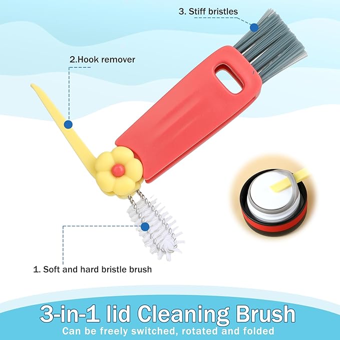 3Pcs 3 in 1 Cup Lid Cleaning Brush with 3Pcs 7.87inch Straw Cleaning Brush, Multifunctional Gap Cleaning Brush Portable Cup Brush Cleaner for Water Bottle Cup Lids Gaps Corners Straw Cleaning