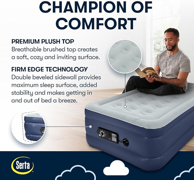 Serta Raised Air Mattress with Never Flat Pump | Luxury Inflatable Mattress with Built in Air Pump to Ensure a Good Night’s Rest | Heavy Duty Blow Up Mattress with Self Inflating Pump