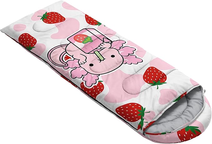 QOOMO Axolotl Cute Camping Sleeping Bags,3 Season Warm & Cool Weather,Lightweight,Waterproof Sleeping Bags for Adults & Kids,Traveling,and Outdoors